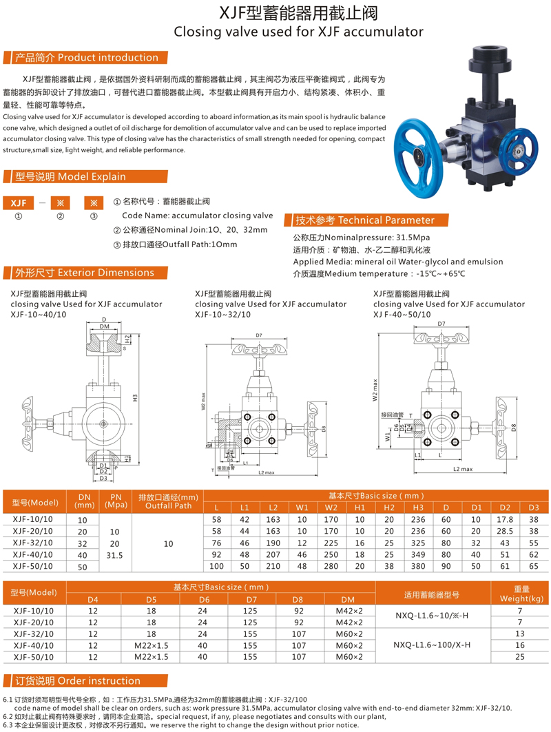 XJF型蓄能器用截止阀